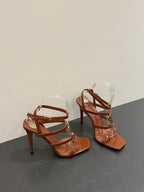 YSL SINGLE-STRAP HEELED SANDALS 25S IN BROWN LAMBSKIN