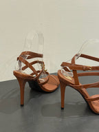 YSL SINGLE-STRAP HEELED SANDALS 25S IN BROWN LAMBSKIN