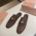 MULES SLIPPERS CHOCOLATE COLOR COWHIDE WITH GOLD COIN