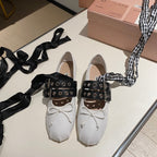 BALLET FLAT SHOES WHITE LAMBSKIN WITH UNIQUE BLACK STRAPS