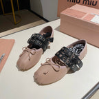 BALLET FLAT SHOES PINK NUDE LAMBSKIN WITH UNIQUE BLACK STRAPS