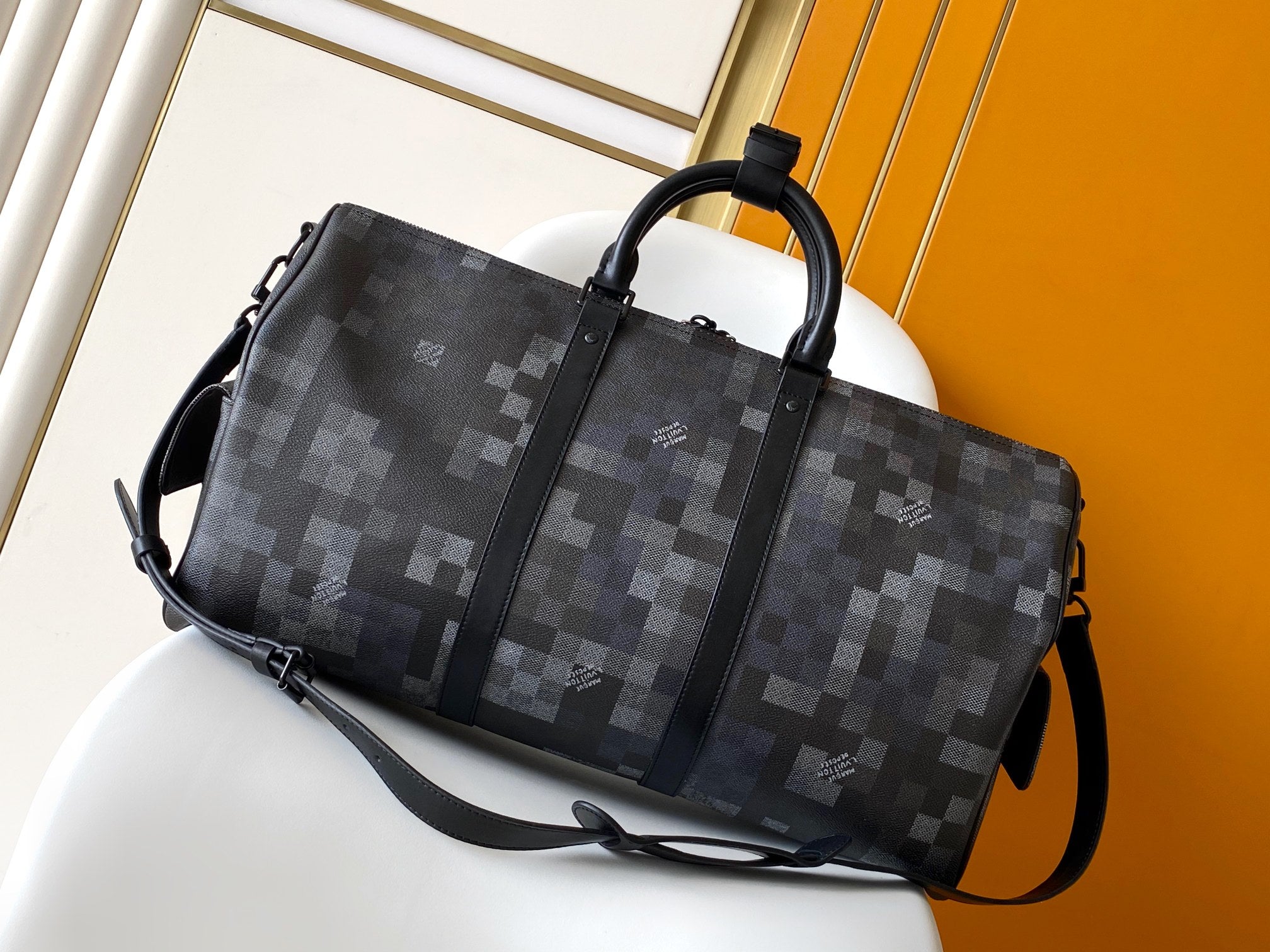 LV Keepall Bandouliere 50 Travel Bag Black Damoflage Canvas