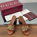 HIGH HEEL MULE 5.5 CM IN BROWN CALFSKIN MIX FABRIC AND GOLD HARDWARE