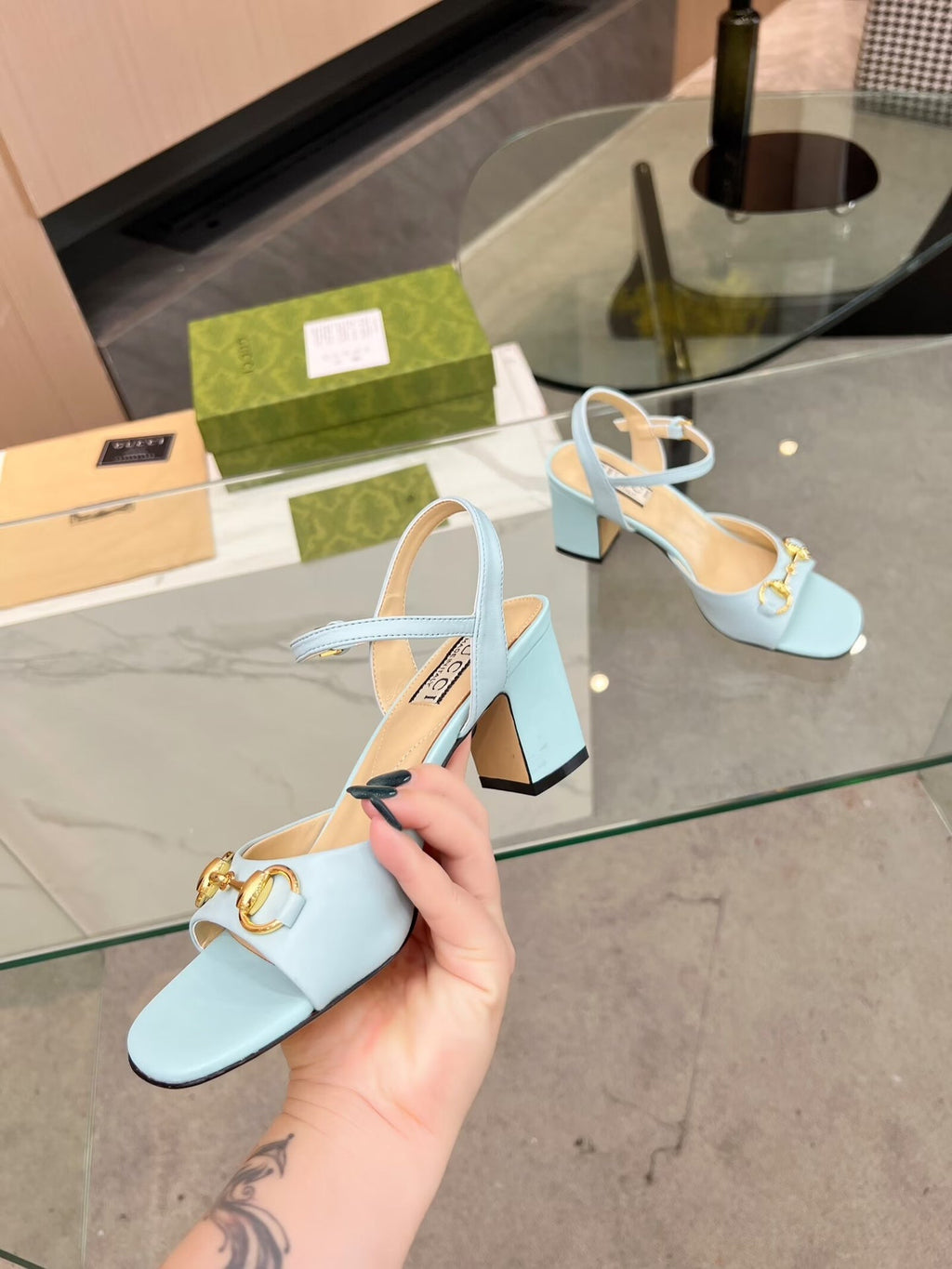 GG HIGH HEELS SANDALS 60 IN ICE BLUE LAMBSKIN