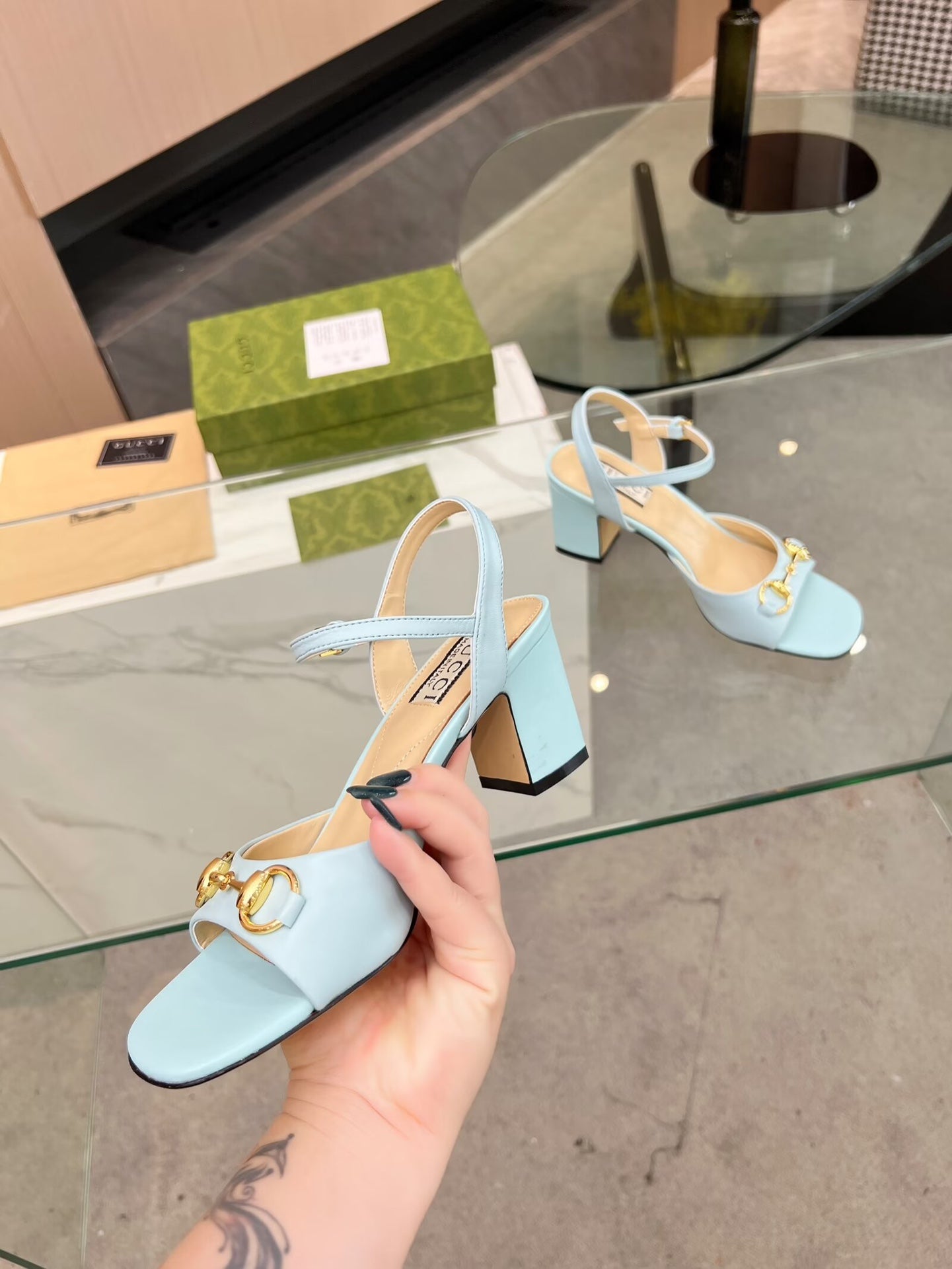 GG HIGH HEELS SANDALS 60 IN ICE BLUE LAMBSKIN