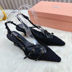 CROSS STRAP HIGH HEELED SLINGBACK IN BLACK TWEED