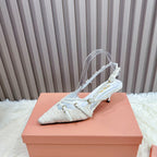 CROSS STRAP HIGH HEELED SLINGBACK IN BEIGE TWEED
