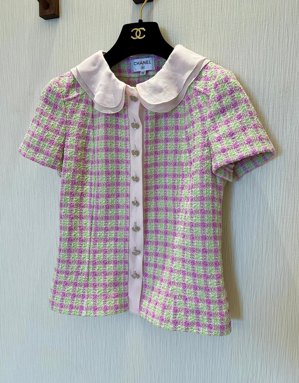 CC 25 Doll Collar Top Pink Green Tweed Fabric