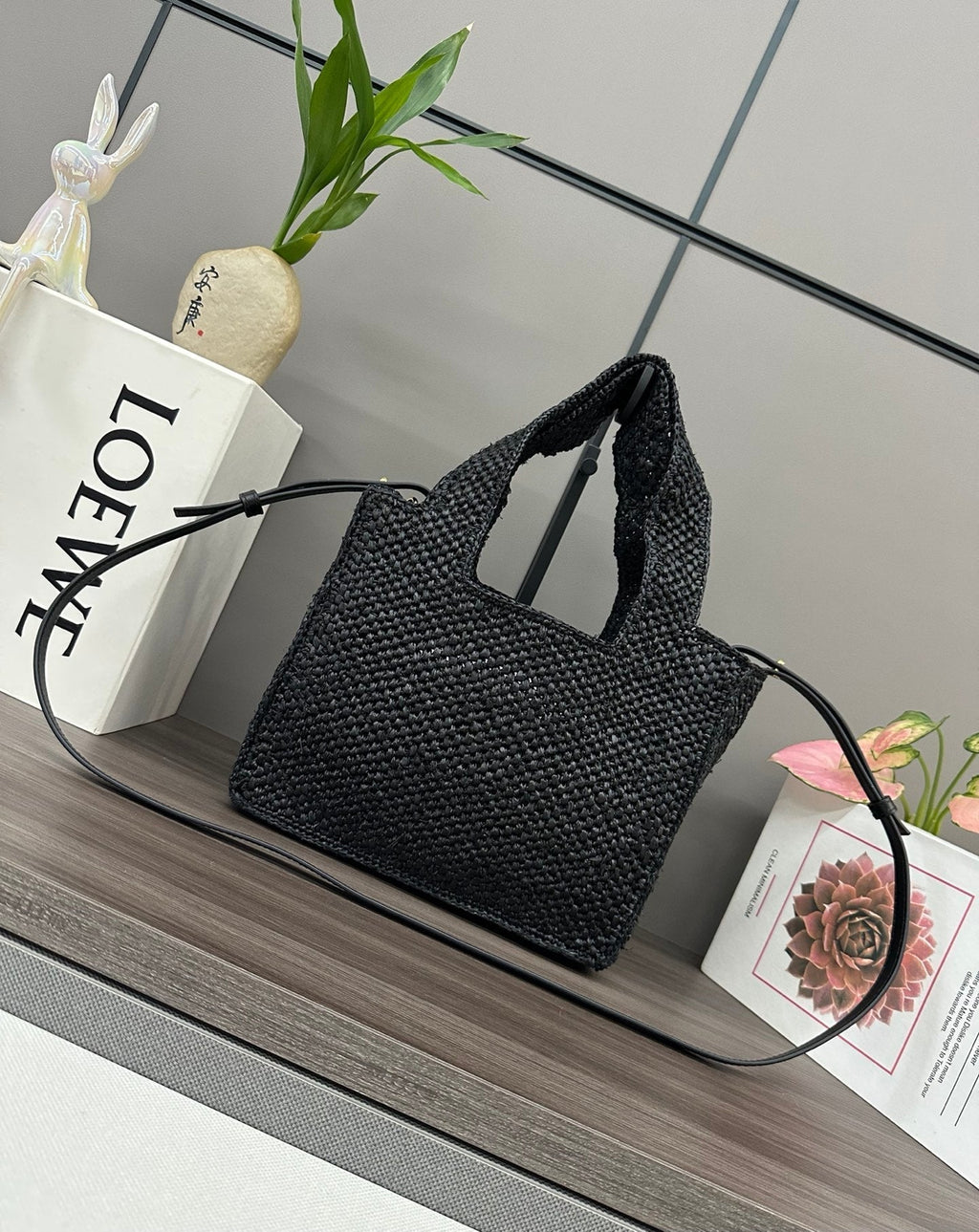 Loewe Small Font Tote Black Raffia
