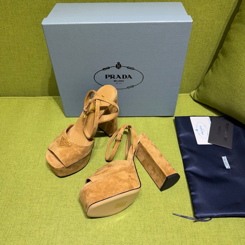PRADA 25S HIGH-HEEL SANDALS 140 MM IN CARAMEL BROWN SUEDE STYLE 2
