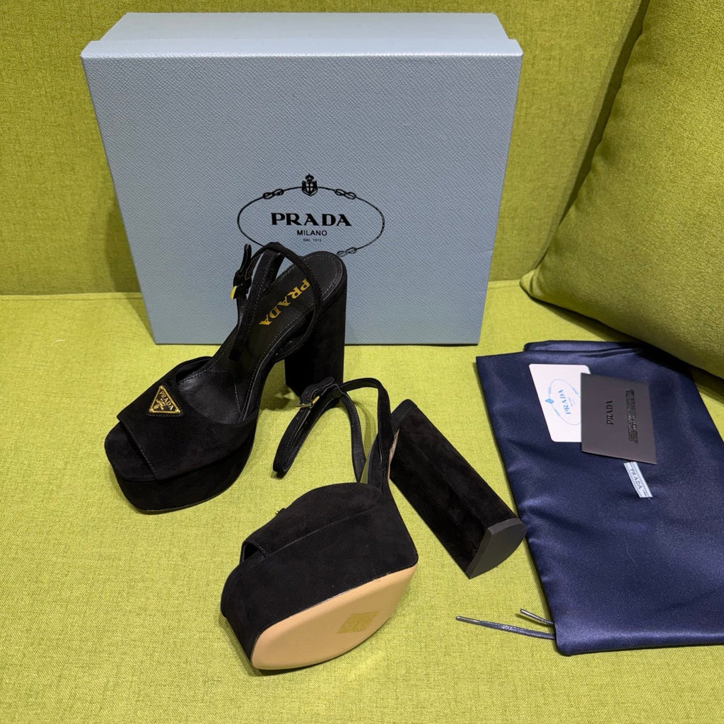 PRADA 25S HIGH-HEEL SANDALS 140 MM IN BLACK SUEDE STYLE 1