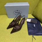 PRADA 25S SLINGBACK HIGH HEELS 75 MM IN DARK RED BROWN GLOSSY CALFSKIN