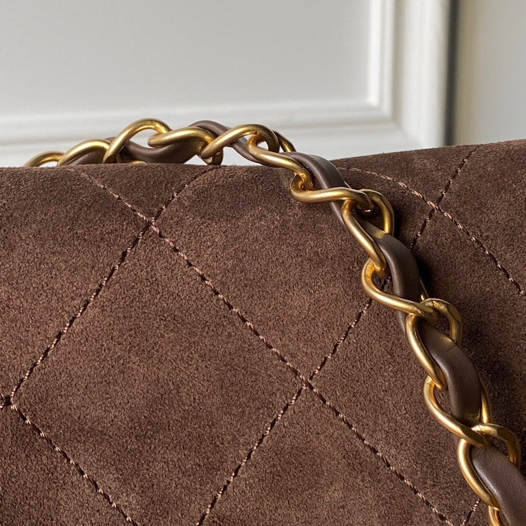 Chanel 2025 Messenger Bag 30cm Brown Suede Gold Hardware 321011