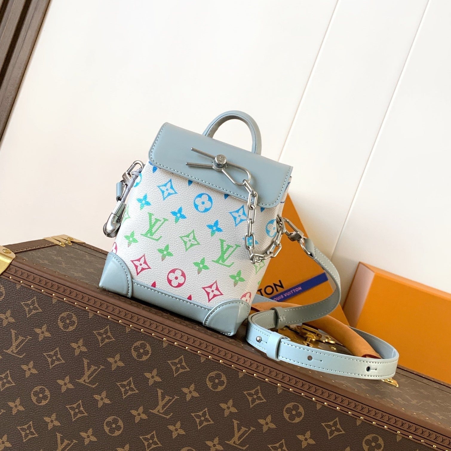LV M13905 Nano Steamer Bag 15cm Solf Blue White Monogram Silver HW