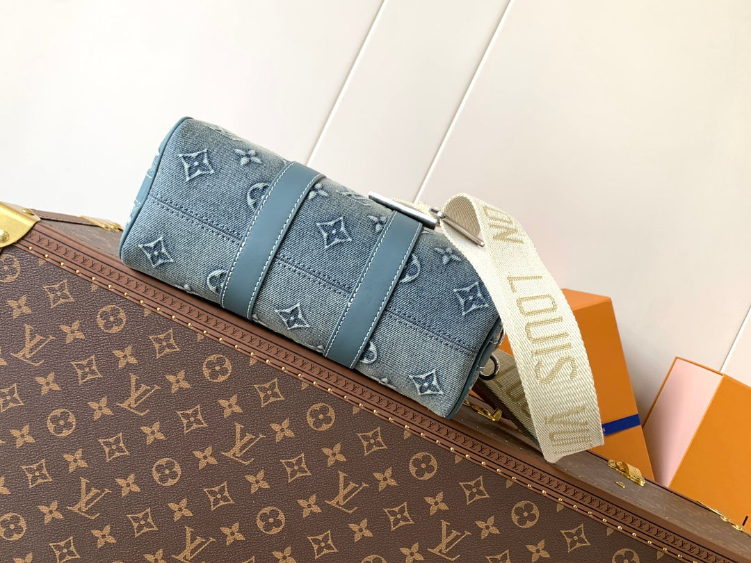 LV Keepall Bandoulière 25 Blue Monogram Washed Denim & Cowhide