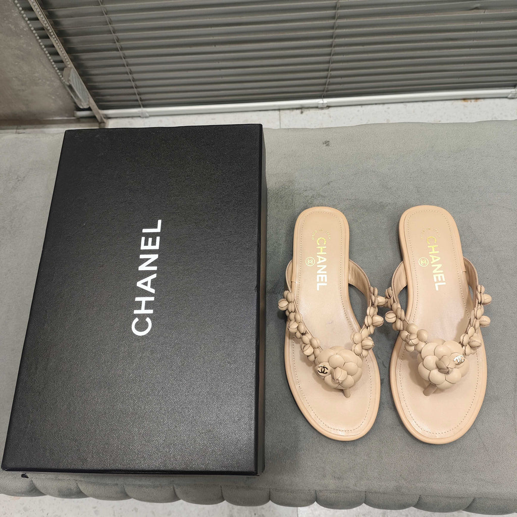 THONG SLIPPERS CAMELLIA IN BEIGE CALFSKIN