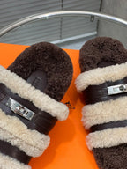 HM 25S SANDAL IN BEIGE WOOL AND DARK BROWN LAMBSKIN WITH SILVER HARDWARE