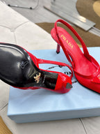 PRADA 25S TRIANGLE LOGO SLINGBACK PUMPS IN RED MESH FABRIC
