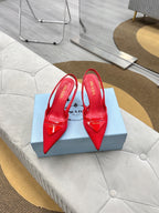PRADA 25S TRIANGLE LOGO SLINGBACK PUMPS IN RED MESH FABRIC
