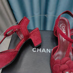 CC CAMELLIA SANDAL IN CHERRY RED SUEDE AND BLACK CALFSKIN WITH FLOWER