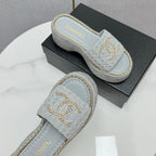 CC WEDGE SOLE SANDALS 25S IN DUSTY BLUE GREY FABRIC WITH LOGO