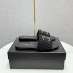 CC SLIDE SANDALS 25S IN BLACK FABRIC AND CALFSKIN WITH LOGO