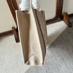 MEDIUM WOODY TOTE BAG 37 IN BEIGE LINEN CANVAS LIGHT PINK WEBBING LOGO EMBROIDERY