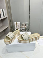 CD DWAY PLATFORM SLIDE IN SAGE GREEN AND WHITE COTTON STRIPED SOLE