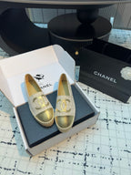 ESPADRILLES LOAFERS IN BEIGE TWEED AND GOLDEN LAMBSKIN