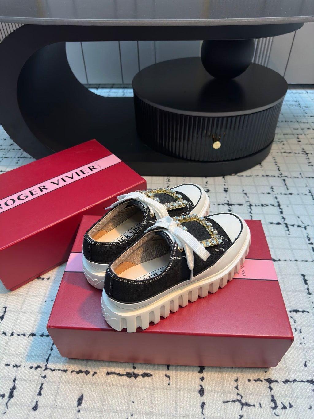 VIV' GO-THICK STRASS BUCKLE SLIP-ON SNEAKERS IN BLACK CANVAS
