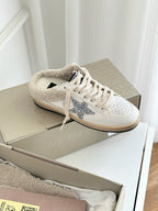 SUPER-STAR SABOTS IN WHITE CALFSKIN SHEARING LINING AND GLITTER WHITE STAR