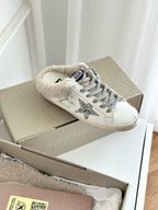 SUPER-STAR SABOTS IN WHITE CALFSKIN WITH GLITTER WHITE STAR