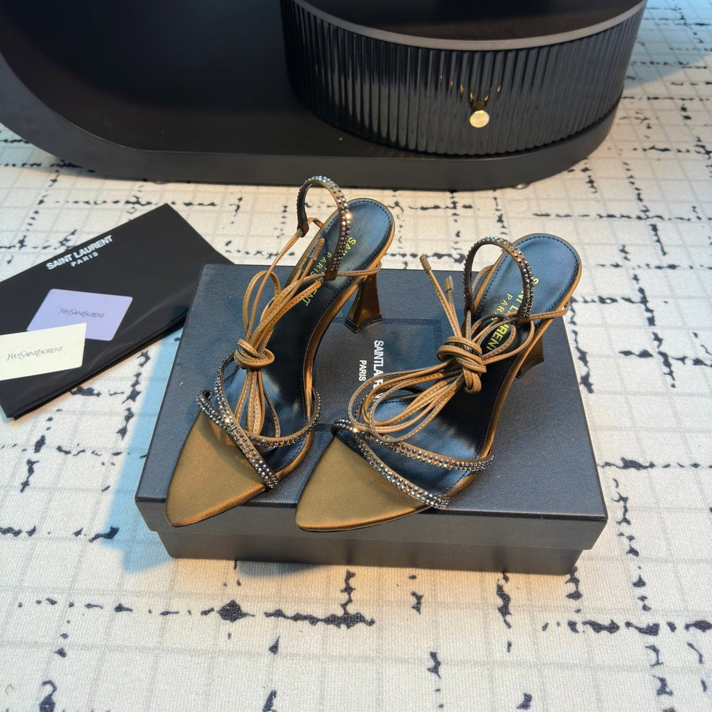HIGH HEEL SANDALS WITH SHINY RHINESTONES STRAP IN GOLDEN BROWN SILK