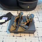 HIGH HEEL SANDALS WITH SHINY RHINESTONES STRAP IN GOLDEN BROWN SILK