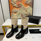 HIGH BOOTS 5.5 CM IN BLACK LAMBSKIN AND BEIGE FABRIC