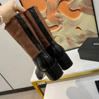 HIGH BOOTS 5.5 CM IN BLACK LAMBSKIN AND CHOCOLATE BROWN FABRIC