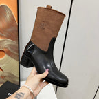 HIGH BOOTS 5.5 CM IN BLACK LAMBSKIN AND CHOCOLATE BROWN FABRIC