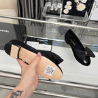 CHANEL 25S ROUND TOE BALLET FLATS WITH A BOW IN SPARKLING BLACK CANVAS