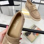 CC PEARL LOGO LOAFERS IN CINNAMON BROWN SUEDE
