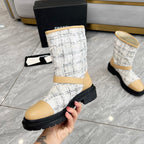 CHANEL 25S MID-CALF BOOTS 45MM IN LIGHT BROWN CALFSKIN AND WHITE TWEED GOLD HARDWRE