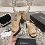 Double C  Chunky Heel Peep-Toe Open Sandals Beige Cream Lambskin