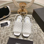 Double C  Chunky Heel Peep-Toe Open Sandals White Lambskin