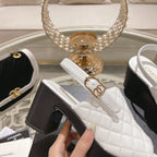 Double C  Chunky Heel Peep-Toe Open Sandals White Lambskin