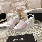 WEDGE SANDALS IN LIGHT PINK FABRIC WITH WHITE LOGO