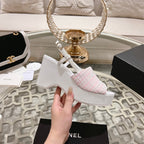 WEDGE SANDALS IN LIGHT PINK FABRIC WITH WHITE LOGO