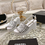 WEDGE SANDALS IN BLACK MIX WHITE FABRIC WITH LOGO