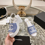 WEDGE SANDALS IN SAPPHIRE BLUE FABRIC WITH WHITE LOGO