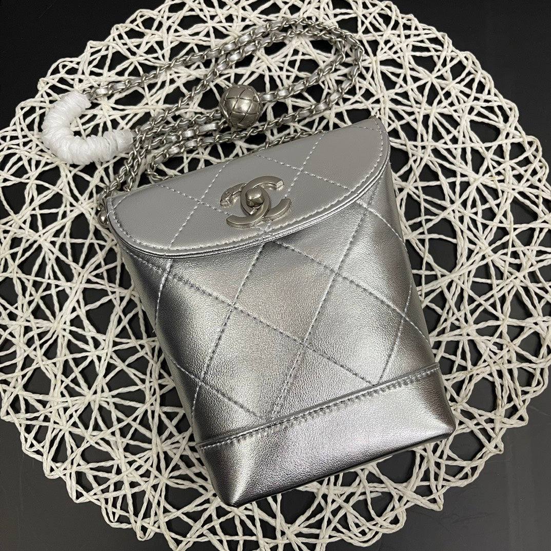 CC Phone Holder Bag 17cm Sliver Metalic Leather
