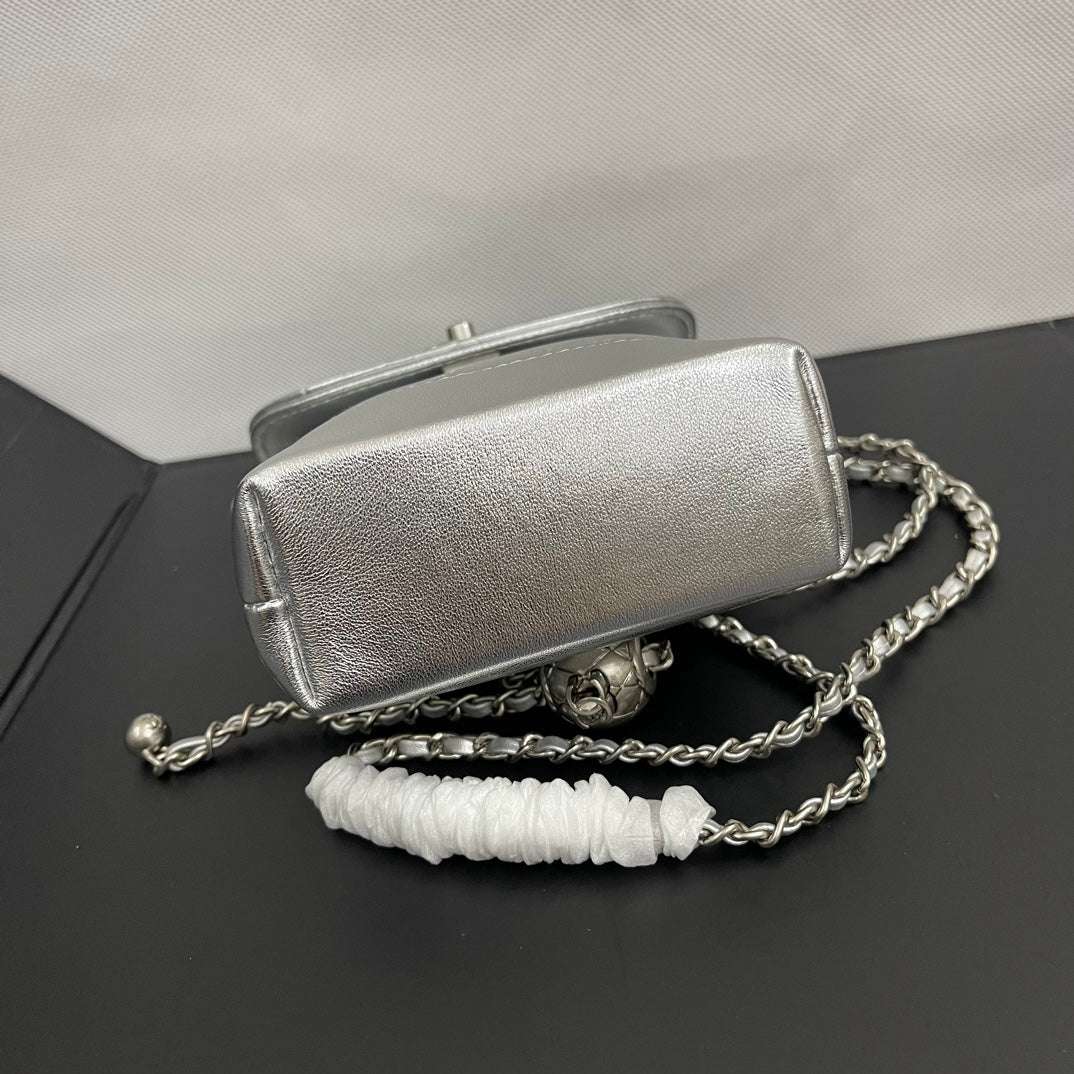 CC Phone Holder Bag 17cm Sliver Metalic Leather