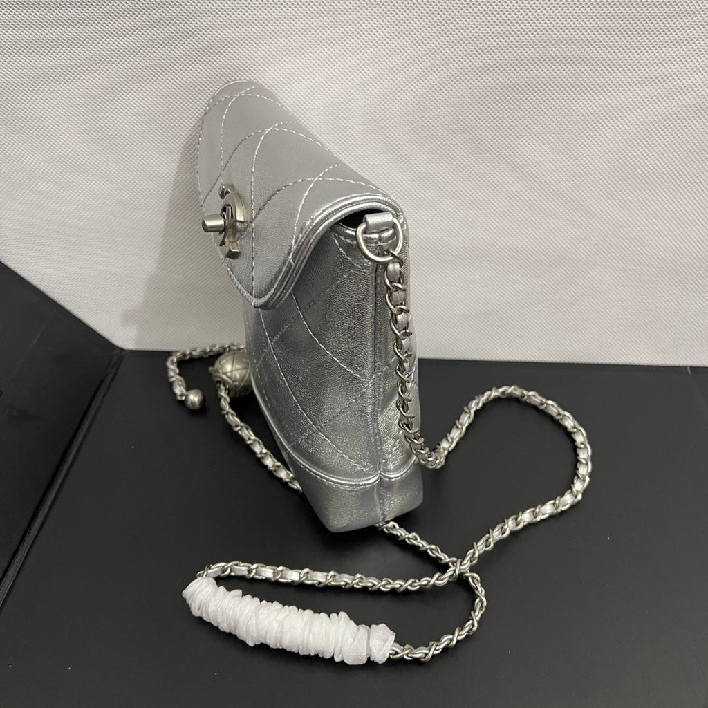 CC Phone Holder Bag 17cm Sliver Metalic Leather